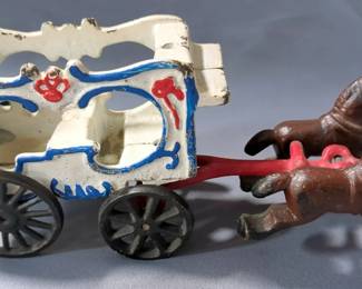 Antique Painted Cast Iron Horse Drawn Circus Cart Toy, 4.5" x 9.5"