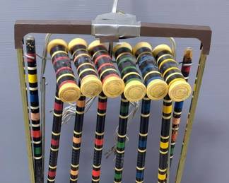 Vintage Lawnplay Croquet Set, Broken Plastic Base, Mounted On Homemade Wood Base