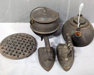 Cast Iron Kettle With Lid, 6.5" Diameter, Old Hickory Cast Iron Tea Kettle, Geneva Sad Iron, Unmarked Sad Iron, And Cast Iron Trivet