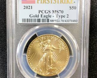 2021 US $50 One Ounce Gold American Eagle Coin, First Strike - Type 2, PCGS Certified MS70