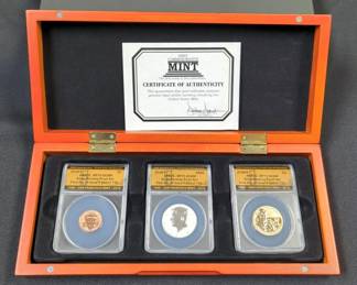 2018 S 50th Anniversary Silver Reverse Proof 3-Coin Set, First Day Of Issue, ANACS Certified # 560 Of 756, Includes Wood Storage Box