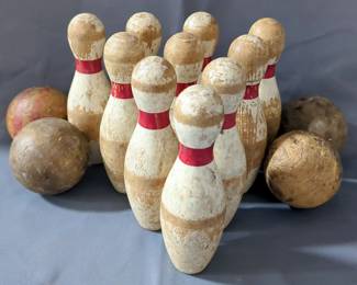 Antique Carnival Bowling Game Set Including 7" Pins, Qty 10, And Throwing Balls, Qty 4