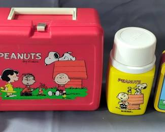 Peanuts Vinyl Lunch Box With Thermos, Miniature Metal Peanuts Lunch Box, And Milk Glass Coffee Cup