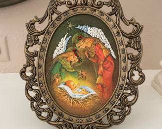 Embroidered Print Jesus in Manger With Angels