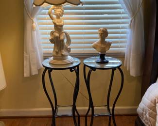 Cherub Figural White Table Lamp, Pair of Round Glass Top Lamp Tables with Black Metal Base