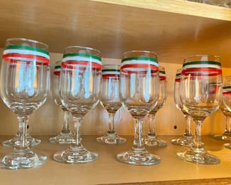 Set of 12 Red/White/Green Striped Libbey Wine Glasses