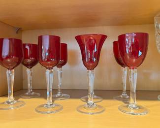 Red Ruby & Clear Glasses - Set of 3 Sherry Glasses, 2 Wine Goblets, 2 Wine Glasses