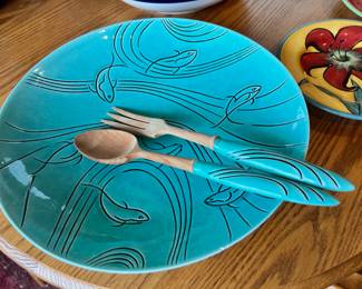 1950's Roselane Pottery Blue Salad Bowl and Spoon/Fork
