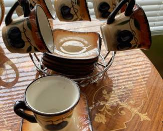 Muckleshoot Casino Tea Set and Caddy with Hand Painted Olives and Garlic
