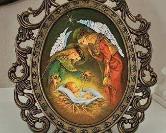 Embroidered Print Jesus in Manger With Angels