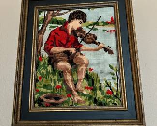 Framed Needlepoint of Boy Playing Fiddle Sitting By Lake