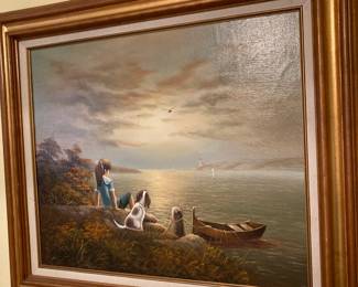 Framed & Matted Oil Painting "Girl with Her Dog" by D. Bles