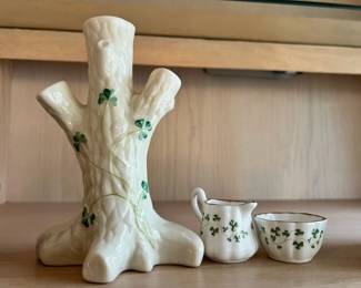 Belleek Tree Trunk Vase, Royal Tara Galway Ireland Fine Bone China Shamrock Creamer & Open Sugar Bowl