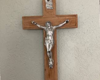 Beveled Walnut with Silver Tone Crucifix