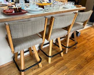 3 Kitchen Stools with Gray Striped Upholster