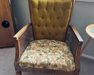 Mid Century Cane Parlor Arm Chair with Yellow/Floral Upholstery