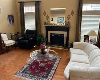 Henredon sofa, chairs, brass & glass coffee table