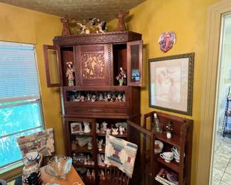 Wonderful antique German corner display cabinet with glass drop-door pie safe shelf. 
