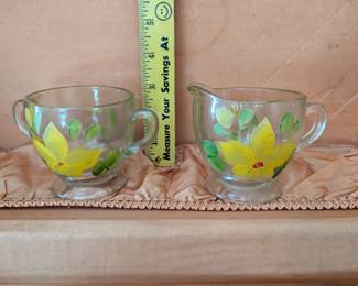 Vintage Gay Fad Glass Cream And Sugar Hand Painted Yellow And Red Flowers (set)