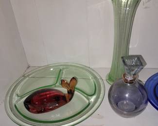 Green Depression Divided Plate & Vase W/ Amber Glass Whale