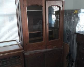 Antique Wooden Display Cabinet W/ Drawers & Glass Doors