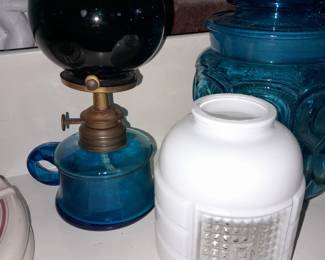 Blue Glass Oil Lamp W/ Milk Glass Shade