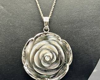 925 Silver w/ Abalone Rose 18in Necklace, TW 18.6g