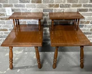 2- Mid Century Step End Side Tables w/ Turned Legs