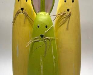 3- Carved Yellow & Green Wood Rabbit Figurines