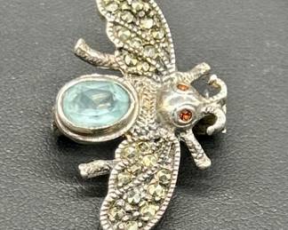 925 Silver w/ Aquamarine Cicada Brooch / Pin