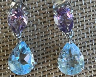 Sterling Silver Earrings w/ Blue Topaz & Amethyst