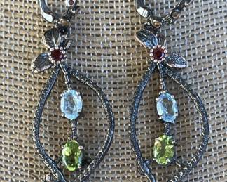 Sterling Silver Earrings w/ Peridot, Blue Topaz