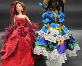 (2) Barbies: Radiant Rose & Jamaica Barbie w Stand