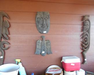 WOOD CARVINGS, ENAMEL WARE ICE COOLERS