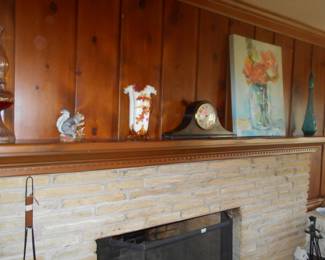 Old mantle clock art glass figurines oil painting and art glass