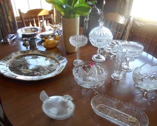 Nice Johnston bros platter, crystal compotes, hen on nest, silverplate items