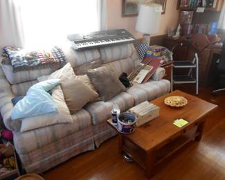 HIDE A BED SOFA PILLOWS, CASIO KEYBOARD, CUSTOM BUILT COFFEE  TABLE