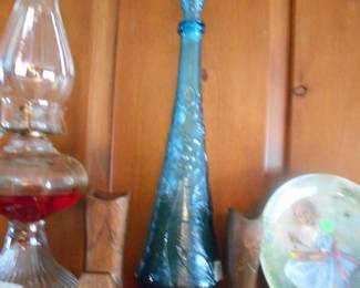 vintage Kerosene  lamp Art glass vase, hand carved boots