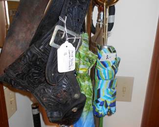 Hand tooled leather belt and holster brass hat rack