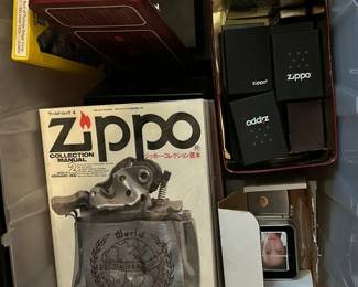 Dozens of Zippo lighters.