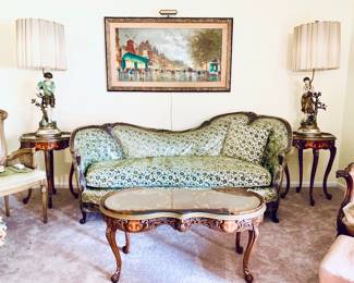 VICTORIAN SOFA AND INLAID FRENCH/ ITALIAN TABLES