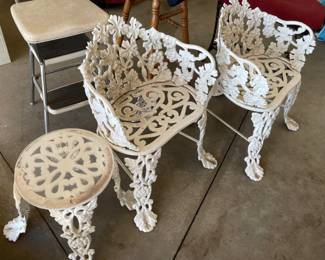 VINTAGE WROUGHT IRON GRAPE & VINE MOTIF GARDEN CHAIRS AND TABLE SET