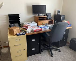 DESK, PAPER, FILE CABINETS, DESK CHAIR AND MORE