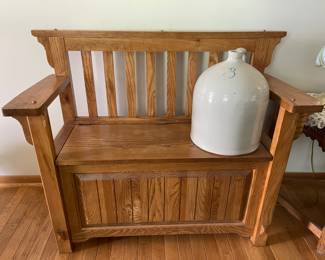 VINTAGE CROCK AND MISSION STLYE BENCH WITH STORAGE 