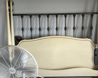 Antique brass bed frame and vintage wood canopy twin bed frame for sale during in person shopping hours Friday and Saturday. Both full size that can be adapted to queen.