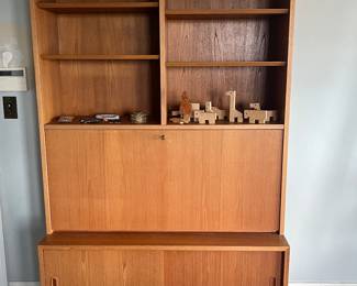 $460 Danish modern drop desk with cabinet storage. 42.5"w x 17"d with desk closed x 77"h. With desk down it is 29"deep. Photo open is next.