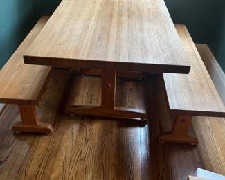 $480. Great kitchen table with matching benches. 55"L X 39.5"W X 30"H