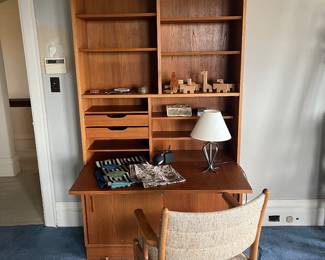 Mid-century modern desk and bookcase shown open. Chair sold separately in next photo.