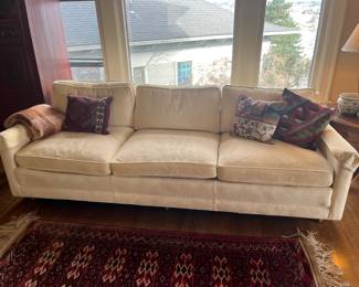 $60. Henredon three cushion sofa in need of new upholstery but the bones are classic. 91"w x 35"d x 28"h. Cushions sold separately during in-person sale hours on Friday and Saturday.