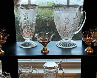 vintage Jeannette Depression glass - "Iris and Herringbone" vase and pitcher